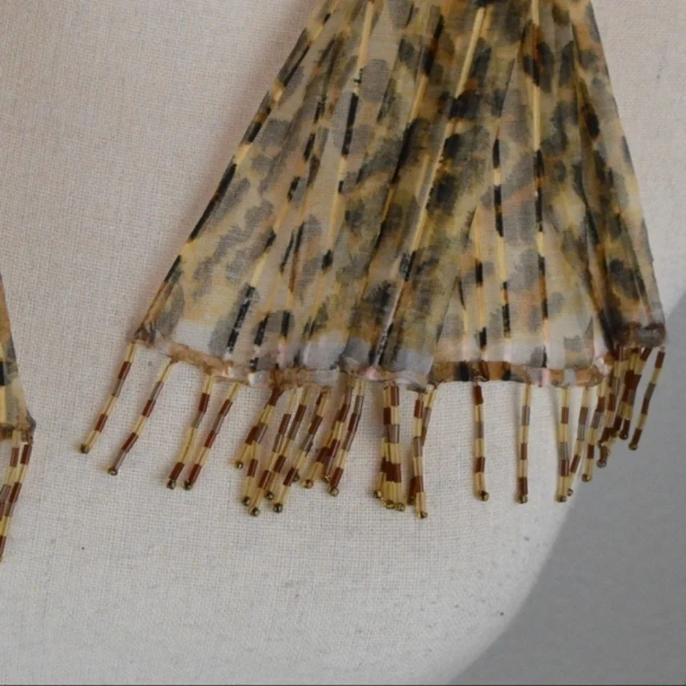 Delicate‎ Sheer Leopard Print Subtle Stripe Beaded Fringe Neck Scarf